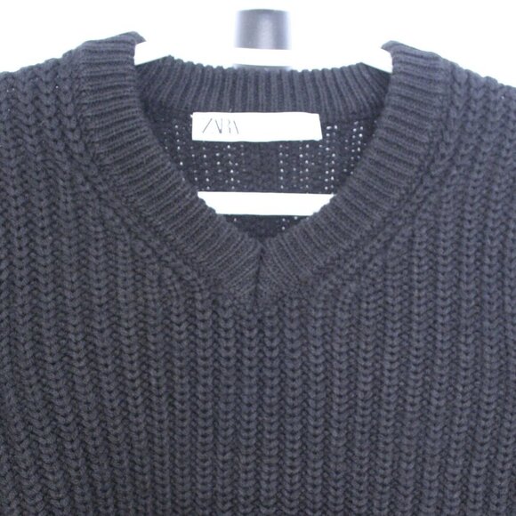 Zara Black Rib Knit V-Neck Oversize‎ Crop Sweater Sz M - Picture 2 of 10